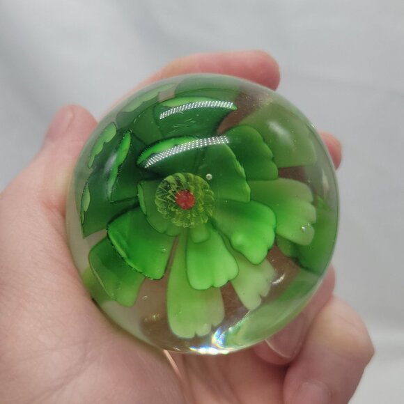 Handcrafted Green Floral Glass Paperweight Vintage Desk Decor - Picture 6 of 13